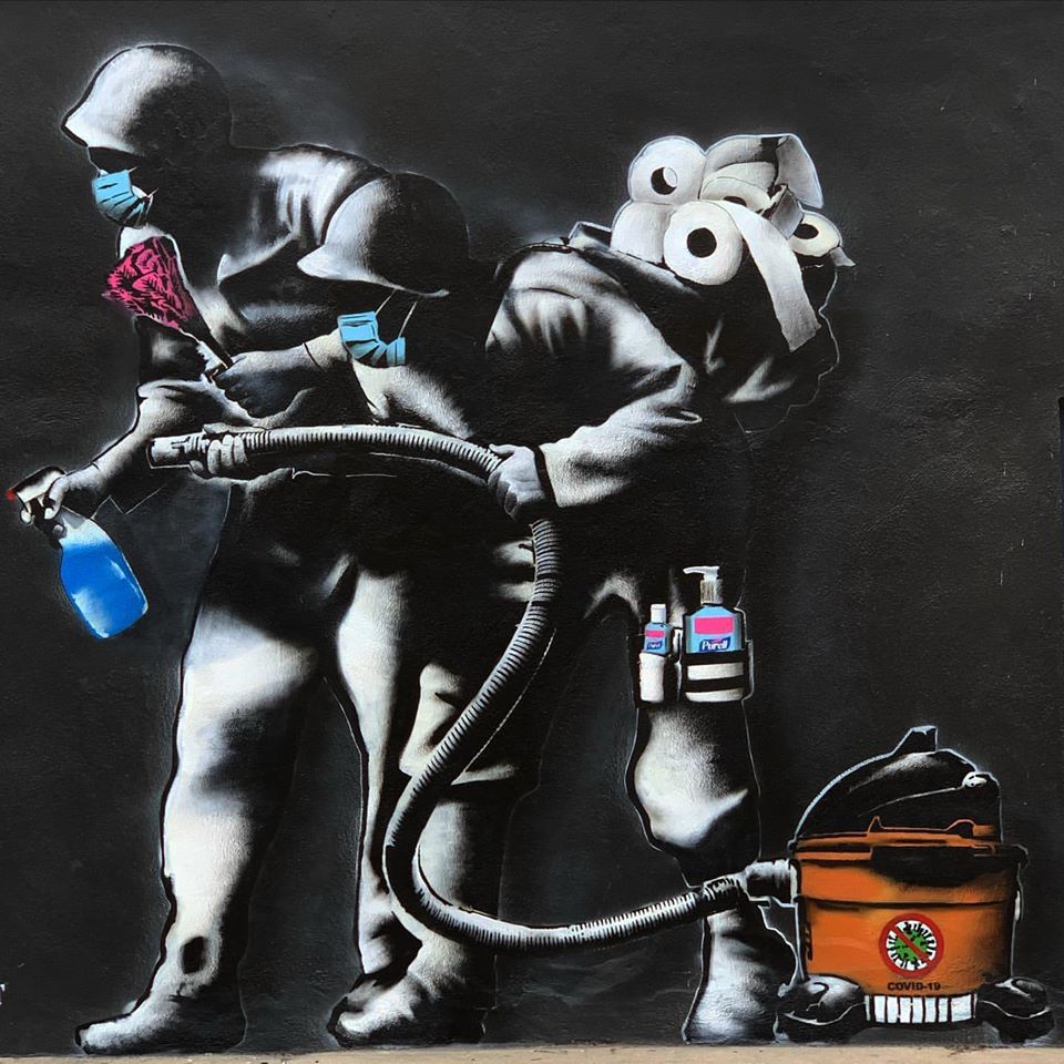 Coronavirus street art by Hijack. Photo courtesy of the artist on Facebook. Image