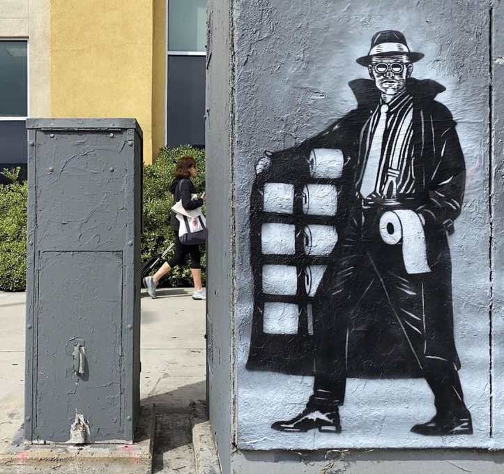 Coronavirus street art in Los Angeles by Teachr1 with Malith Devaka, Chris Braas, Louis James Williams, Gregory Karpov, Hiske Hilgenga, Cristian Ciprian Brauen Droz, Daniel Duarte Ontiveros, Jamy Zord and Kirk A J Zimmerman. Photo courtesy of the artists. Image