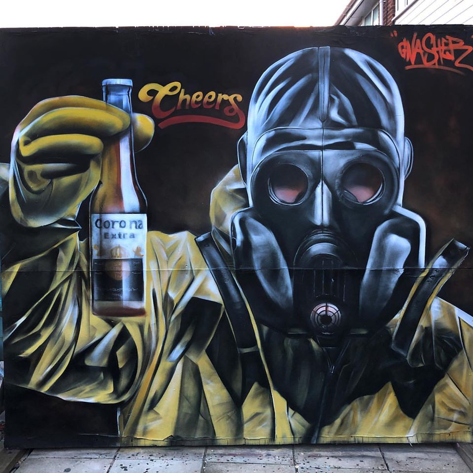 Coronavirus street art by Gnasher. Photo courtesy of the artist on Facebook. Image