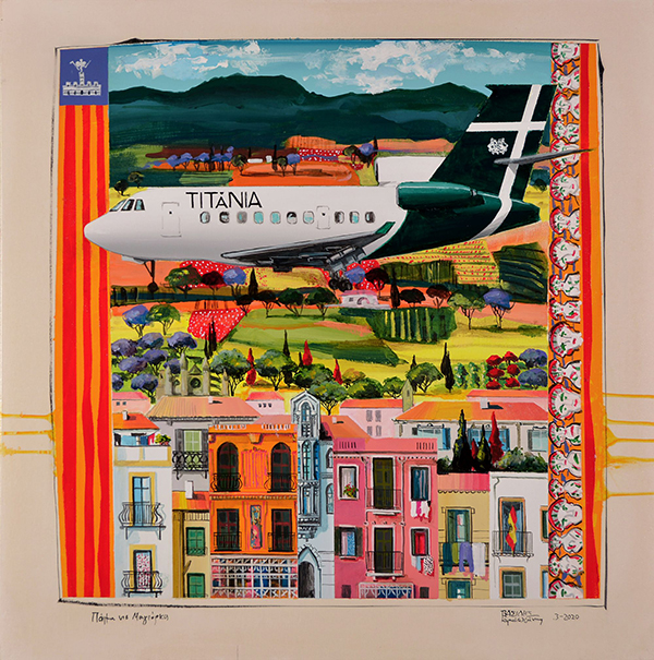 Titania-flight TIT121 to Palma de Mallorca acrylic, gouache & oil on canvas, 70 X 70 cm. 2020 Image