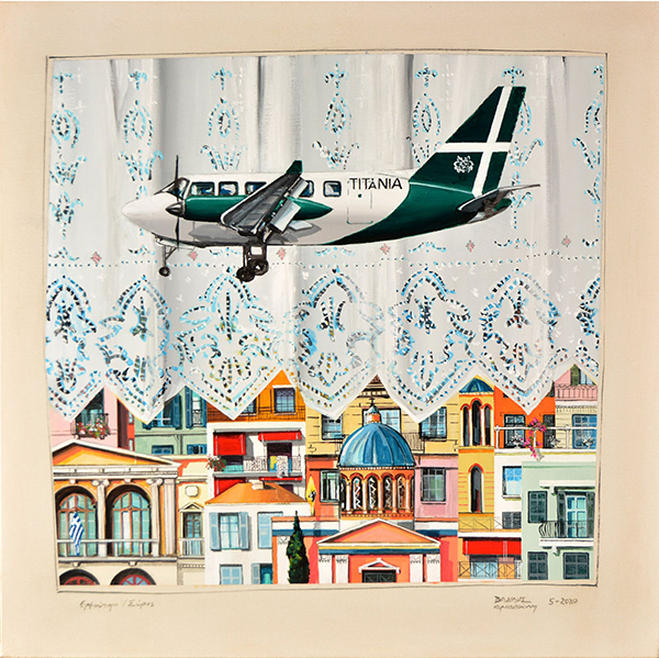 Titania-flight TIT127 to Hermoupolis-Syros acrylic, gouache & oil on canvas, 70 X 70 cm. 2020 Image