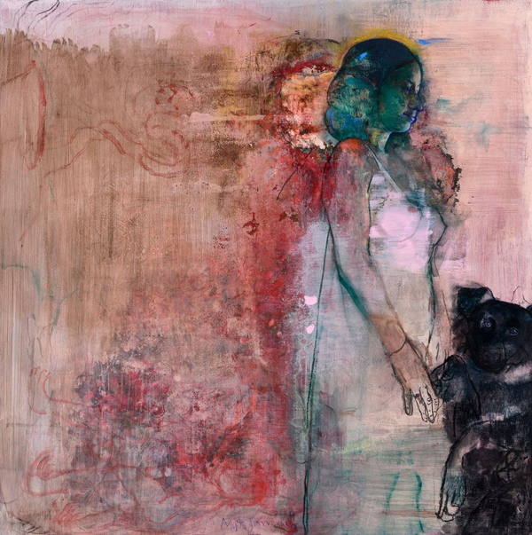GIANNAKAKI-'Young-Lady-and-her-Dog' Maria-Giannakaki 80 x 80 cm-Acrylic-&-pastel-charcoal-on-canvas- Image
