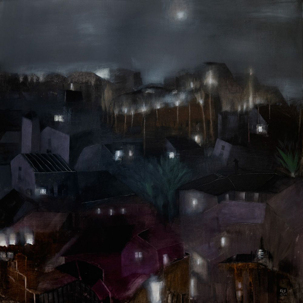 KECHAGIOGLOU-'Mountain-Village' Christos-Kechagioglou 100 x 100 cm. Acrylics Image