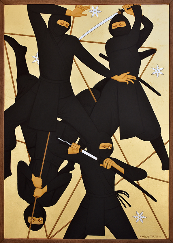 Fikos NInja 2024 Acrylic and gold and silver leaf on canvas, 103 x 73 cm, 2024 Image